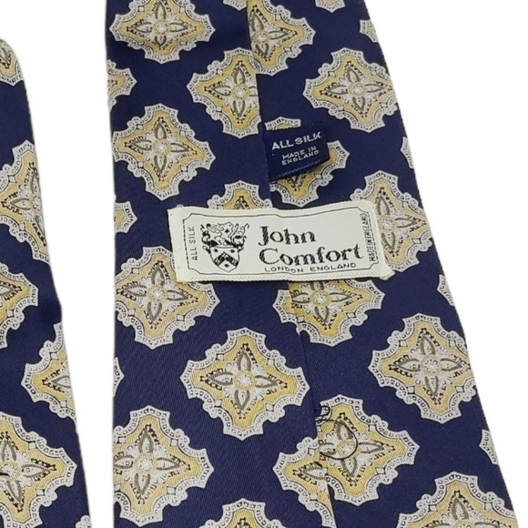 John Comfort London | Navy & Cream/Gold Vintage Printed Silk Tie (One Size) - Picture 2 of 8